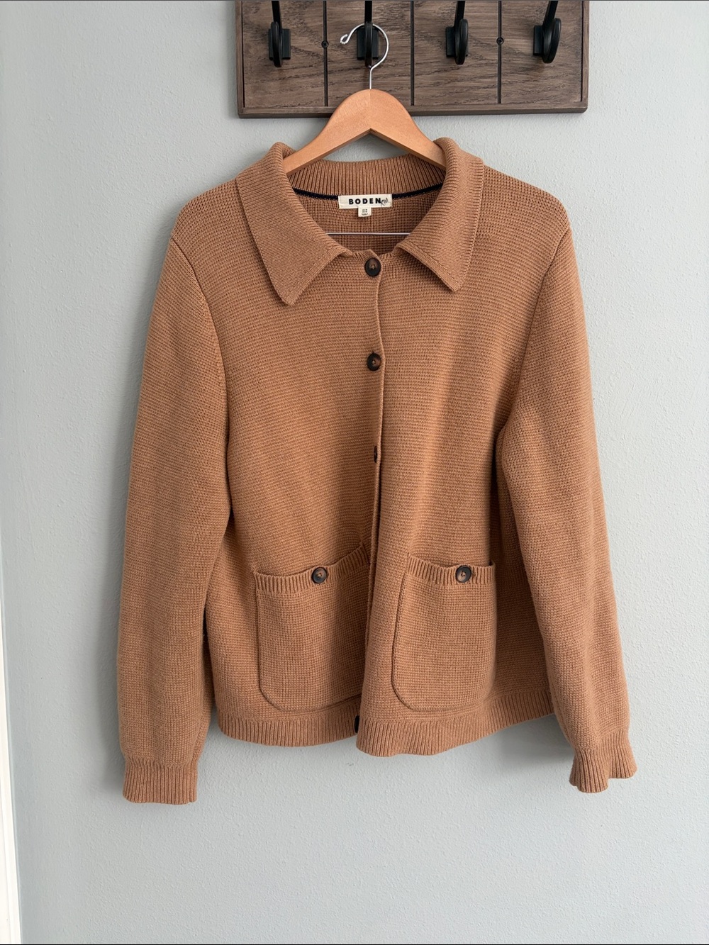 Boden Emily Wool Blend Camel Brown Knit Button-Up Jacket Cardigan size 18 - Picture 2 of 5